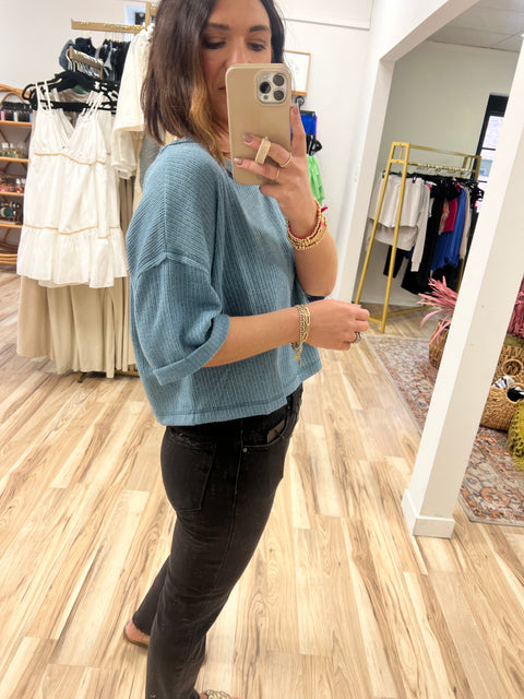 Short Fold Sleeve Cropped Top - Teal