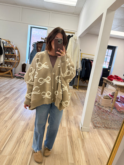 Bow So Sweet Cardi-Taupe/Cream