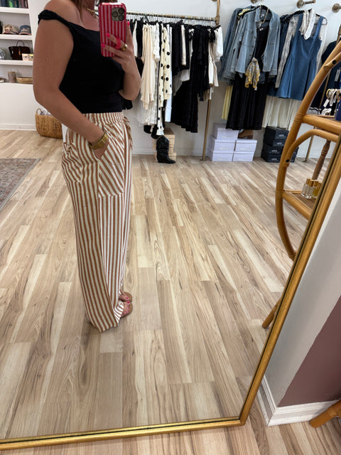 Striped Drawstring Pants-Mocha