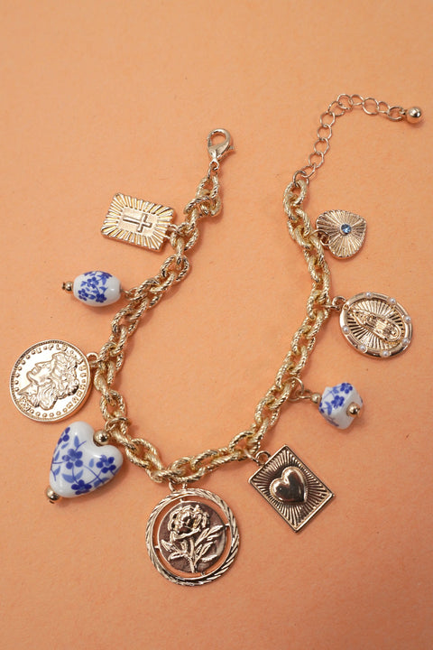 Ceramic Coin + cross charm bracelet