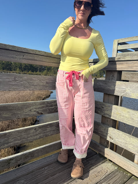 Striped Barrel Pants-Pink