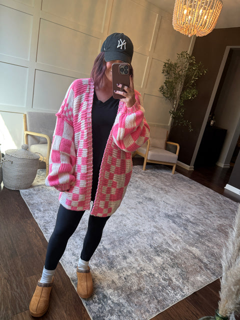 Get the Check Cardi- pink