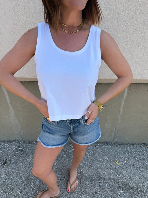 Boxy Scoop Neck Tank-White