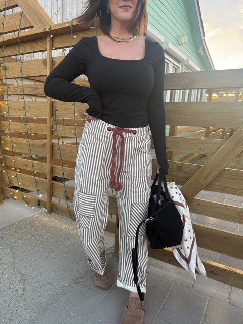 Striped Barrel Pants-Mocha