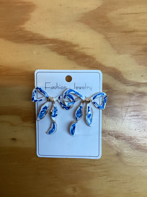 Paisley Blue + White Bow Earrings