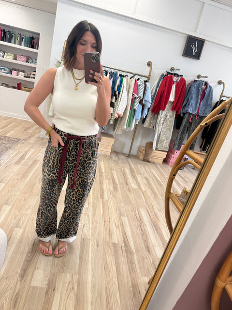 Leopard Tie Waist Barrel Jeans