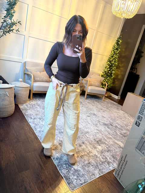 Striped Barrel Pants-Oatmeal