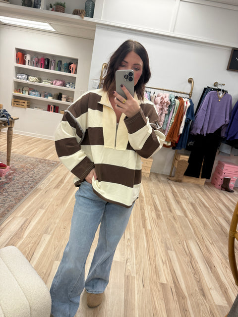 Rugby Pullover-Mocha/Cream