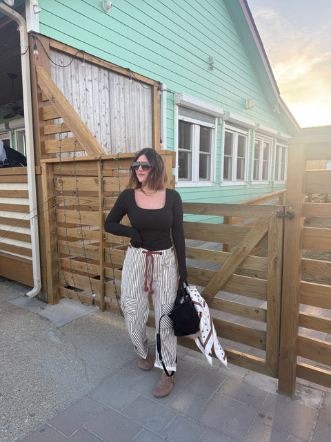 Striped Barrel Pants-Mocha