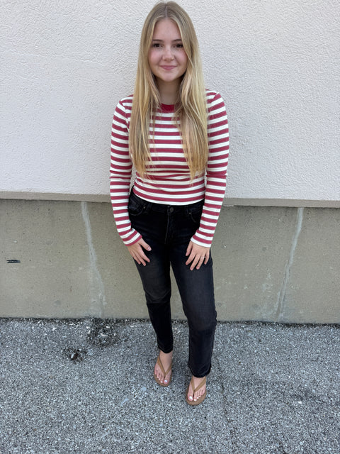 Striped Long Sleeve baby tee-red
