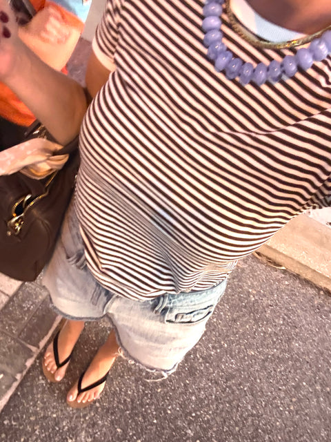 Contrast Trim Striped Tee-Chocolate