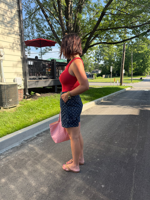 polka dot denim shorts