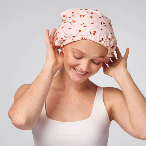 satin lined shower cap-cherry