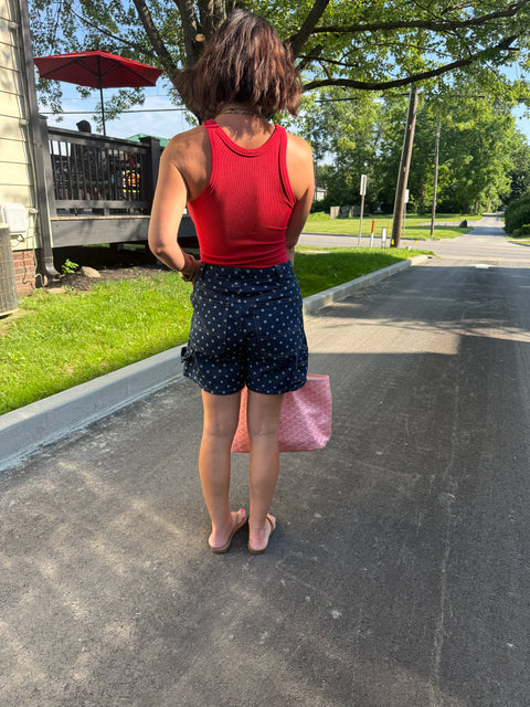 polka dot denim shorts