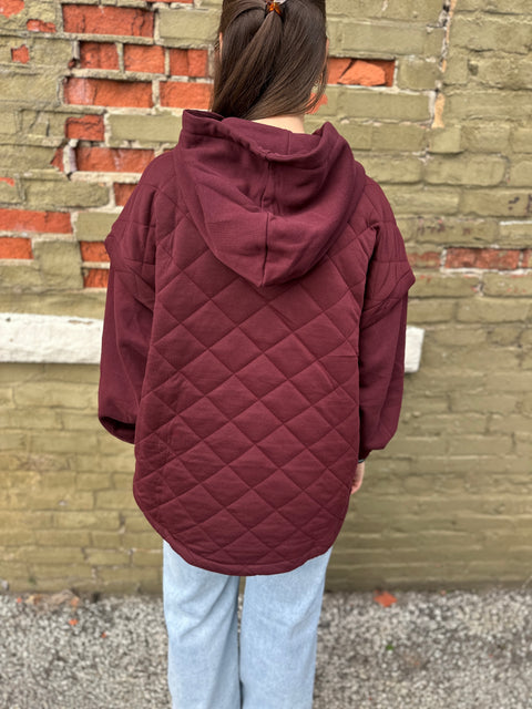 Quilted Mix Snap Hoodie-Dk Cherry