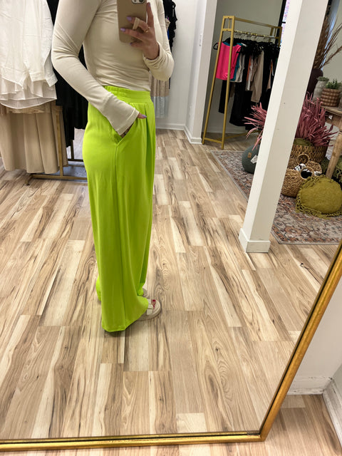 Pleated Wide Leg Trouser - Lime
