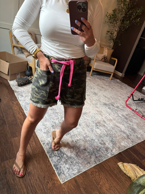Braided Waist Camo Shorts