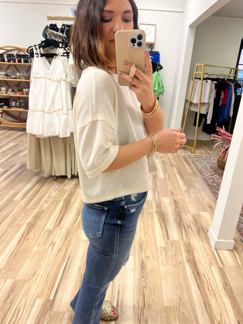 Short Fold Sleeve Cropped Top - Oatmeal