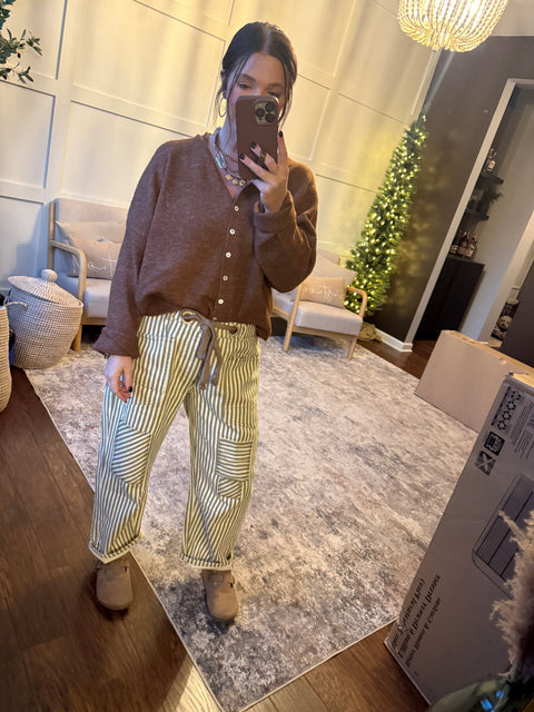 Striped Barrel Pants-Olive