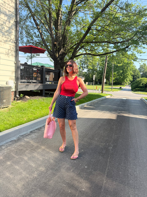polka dot denim shorts