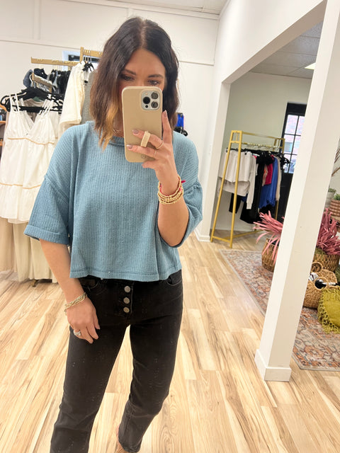 Short Fold Sleeve Cropped Top - Teal
