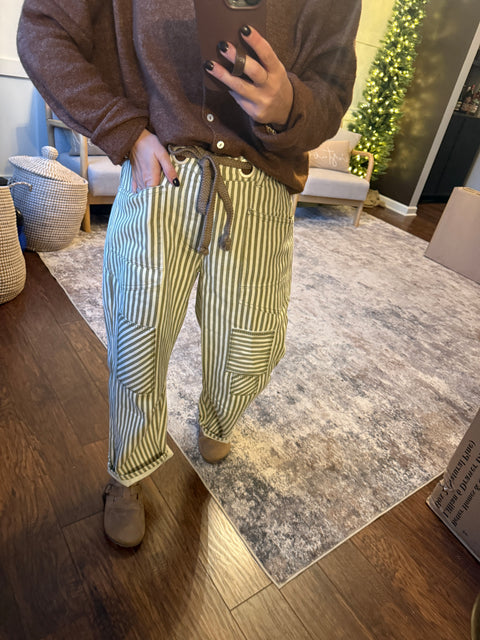 Striped Barrel Pants-Olive