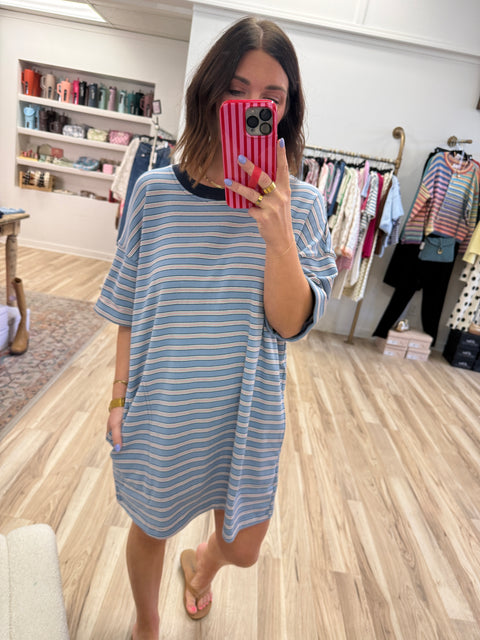 Striped T-Shirt Dress-Blue
