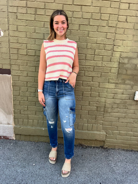 Striped Sleeveless Sweater-Strawberry