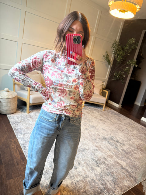 Romance Bloom Mesh Top-burgundy
