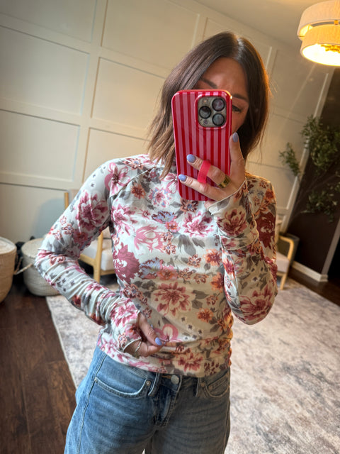 Romance Bloom Mesh Top-burgundy