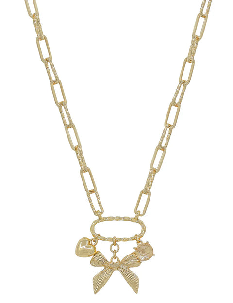 Gold Chain w/bow pearl + coin charms