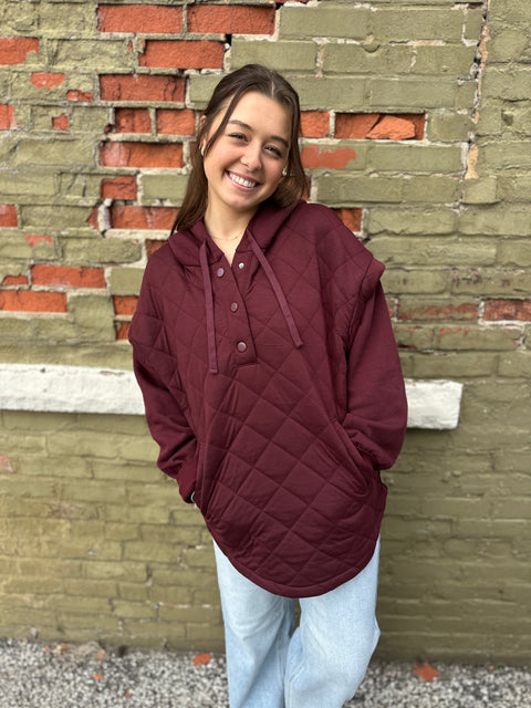 Quilted Mix Snap Hoodie-Dk Cherry