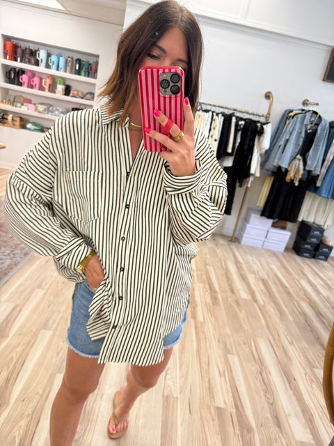 Striped Button Up-Black