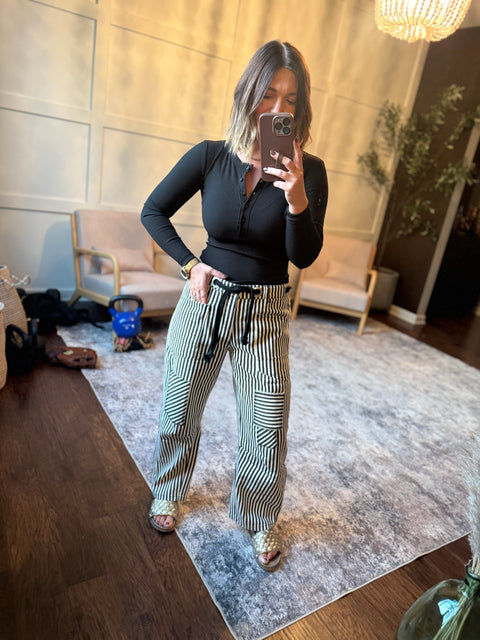 Striped Barrel Pants- Black
