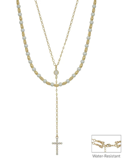 water resistant cross + pearl y necklace