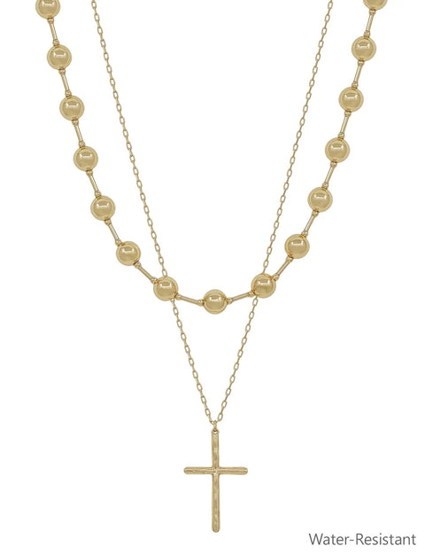 gold bead + cross necklace- water resistant