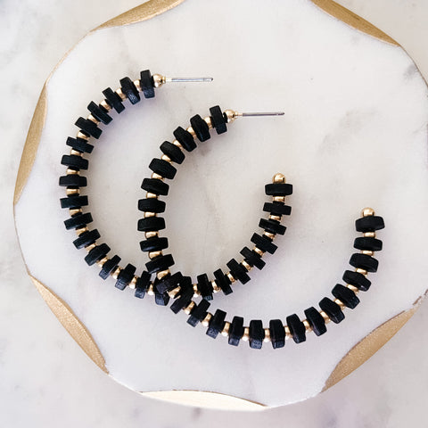 E-2275 Wood Beaded Hoop Earrings