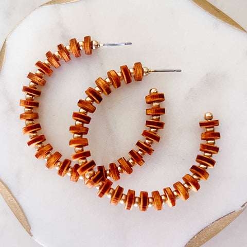 E-2275 Wood Beaded Hoop Earrings