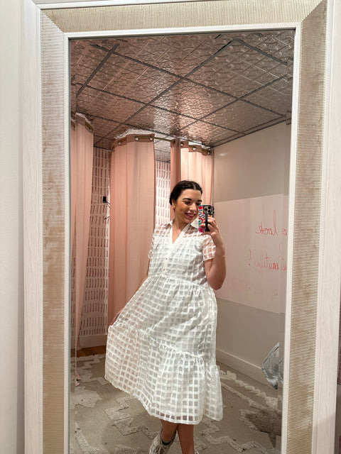 Sheer Grid Midi Dress - White