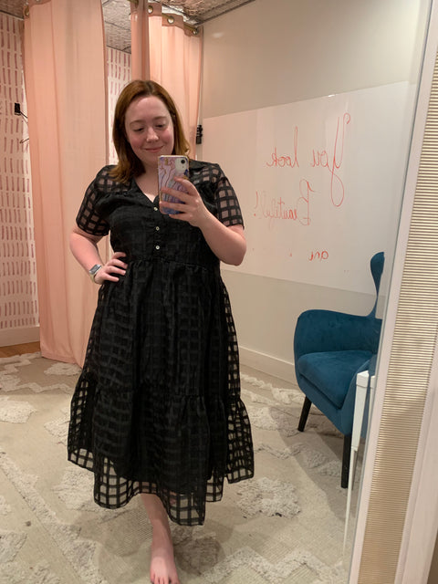 Sheer Grid Midi Dress - Black