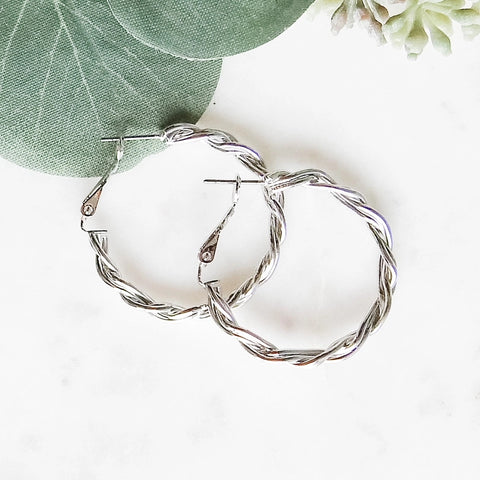 E-729 Silver Twist Hoop Earring